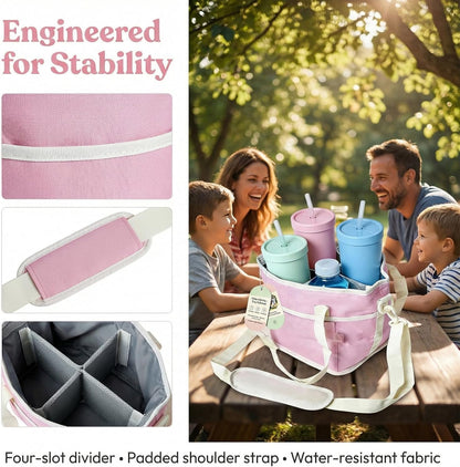 2026 New Family Size 4 Compartment Drink Bag, Reusable Multiple Tumbler Carrier Caddy with Strap, Insulated Drink Carrier Tote Bag for Coffee Cups & Tumblers, Travel (Black+Pink)