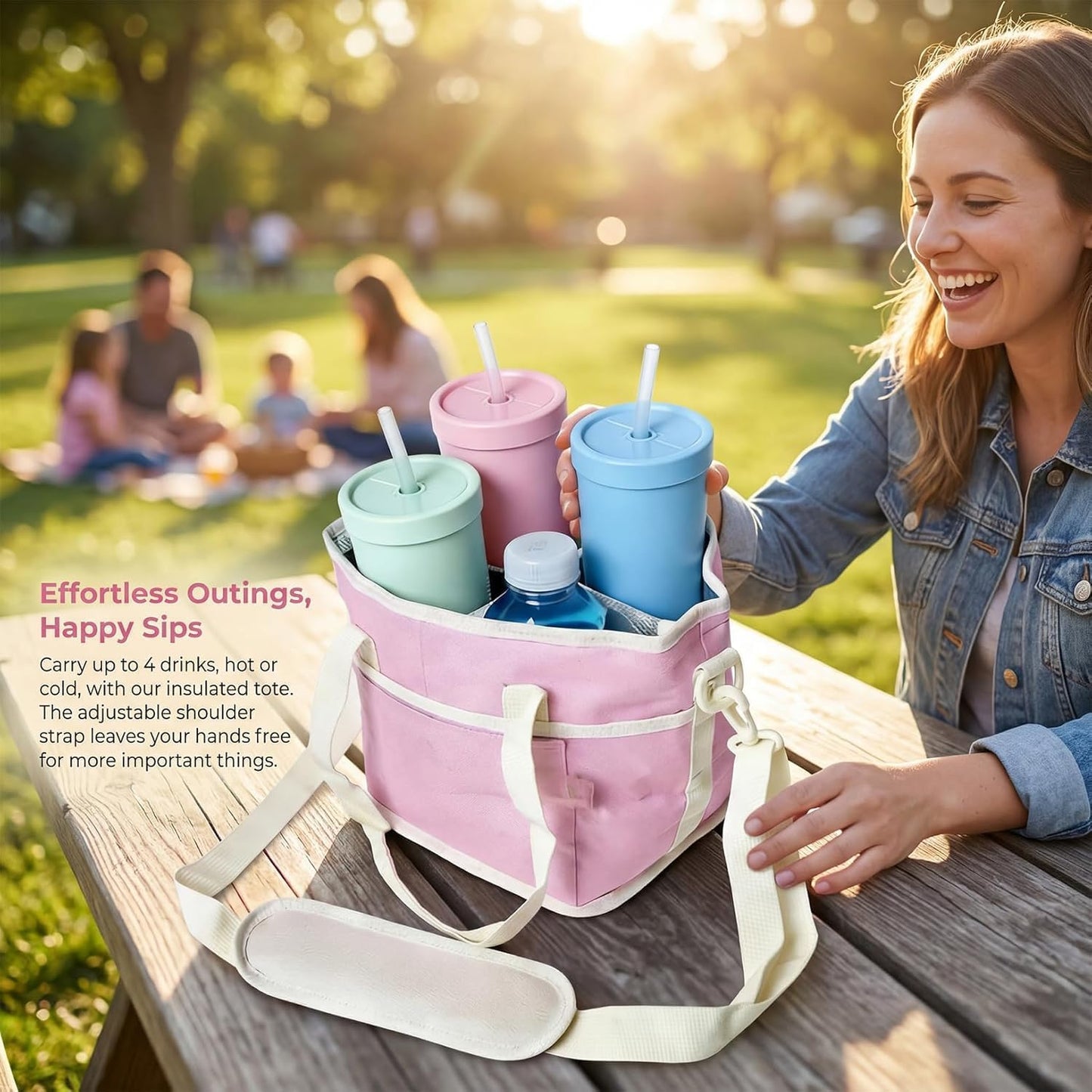2026 New Family Size 4 Compartment Drink Bag, Reusable Multiple Tumbler Carrier Caddy with Strap, Insulated Drink Carrier Tote Bag for Coffee Cups & Tumblers, Travel (Black+Pink)