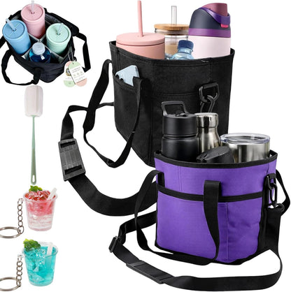 2026 New Family Size 4 Compartment Drink Bag, Reusable Multiple Tumbler Carrier Caddy with Strap, Insulated Drink Carrier Tote Bag for Coffee Cups & Tumblers, Travel (Black+Pink)