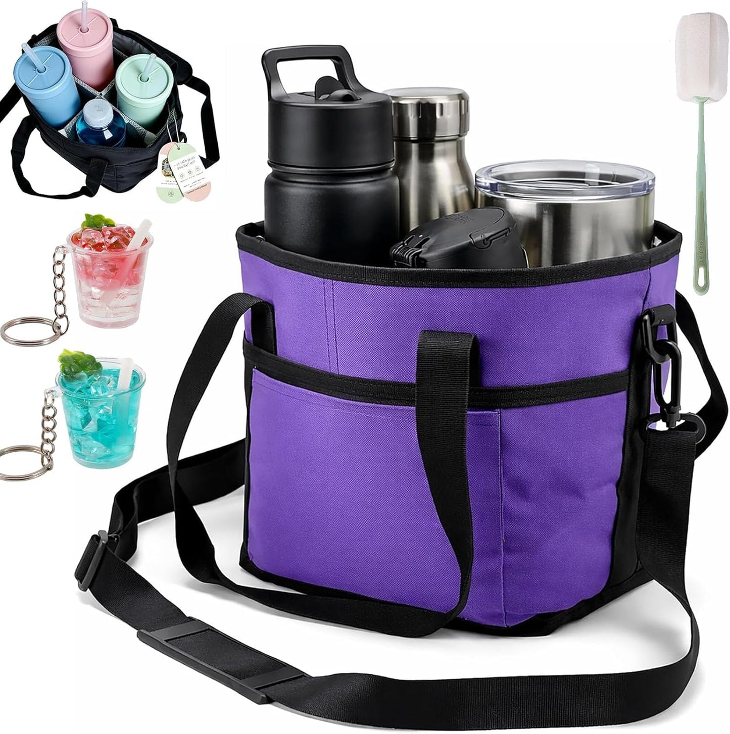 2026 New Family Size 4 Compartment Drink Bag, Reusable Multiple Tumbler Carrier Caddy with Strap, Insulated Drink Carrier Tote Bag for Coffee Cups & Tumblers, Travel (Black+Pink)