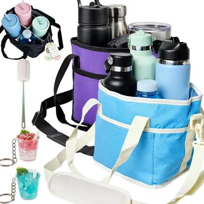 2026 New Family Size 4 Compartment Drink Bag, Reusable Multiple Tumbler Carrier Caddy with Strap, Insulated Drink Carrier Tote Bag for Coffee Cups & Tumblers, Travel (Black+Pink)