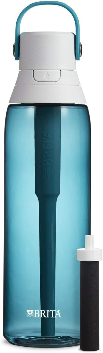 Hard-Sided Plastic Premium Filtering Water Bottle, BPA-Free, Reusable, Replaces 300 Plastic Water Bottles, Filter Lasts 2 Months or 40 Gallons, Includes 1 Filter, Sea Glass - 26 oz.