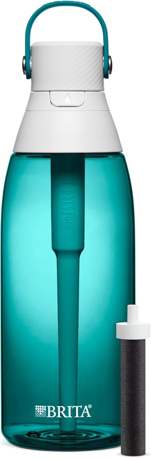 Hard-Sided Plastic Premium Filtering Water Bottle, BPA-Free, Reusable, Replaces 300 Plastic Water Bottles, Filter Lasts 2 Months or 40 Gallons, Includes 1 Filter, Sea Glass - 26 oz.