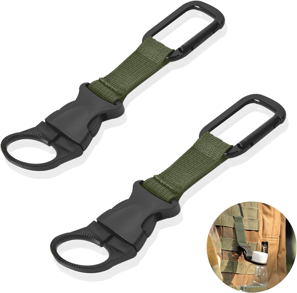 2PCS Bottle Buckle Clip Hanging Buckle Portable Water Bottle Ring Holder Keychain Mineral Water Bottle Clip for Backpack Belt Nylon Webbing Strap for Outdoor Tactical Camping Hiking(D,Green)