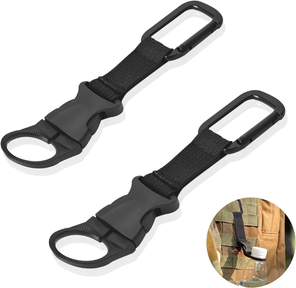 2PCS Bottle Buckle Clip Hanging Buckle Portable Water Bottle Ring Holder Keychain Mineral Water Bottle Clip for Backpack Belt Nylon Webbing Strap for Outdoor Tactical Camping Hiking(D,Green)
