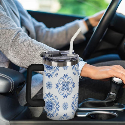 Leakproof Tumbler Vacuum Sealed Car Holder Friendly For Travel Simple Minimalist White Poppy Flower Pattern Coffee Mug Light Rose Red-style-27 - Colors H