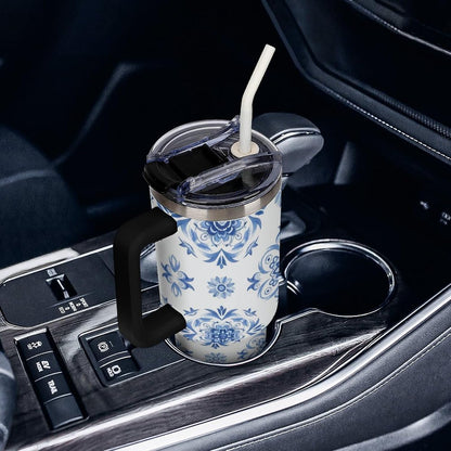 Leakproof Tumbler Vacuum Sealed Car Holder Friendly For Travel Simple Minimalist White Poppy Flower Pattern Coffee Mug Light Rose Red-style-27 - Colors H