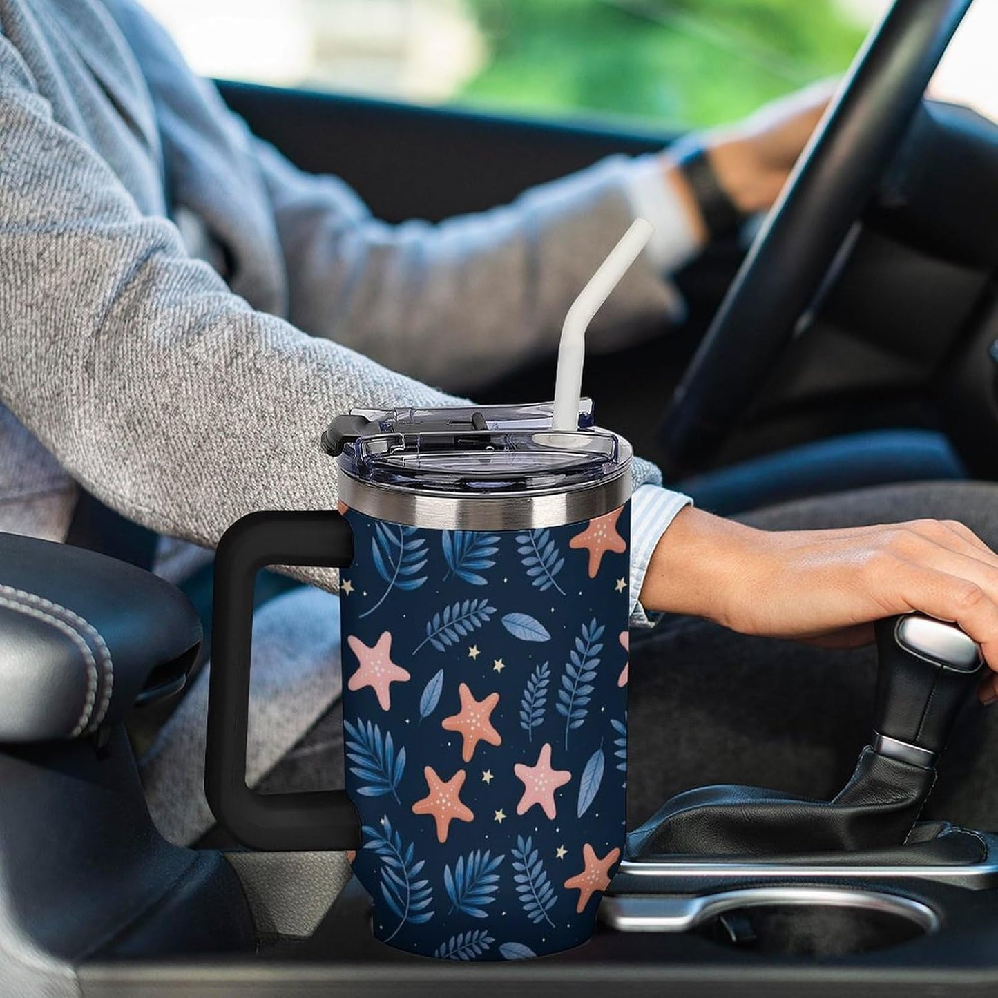 Leakproof Tumbler Vacuum Sealed Car Holder Friendly For Travel Simple Minimalist White Poppy Flower Pattern Coffee Mug Light Rose Red-style-27 - Colors H