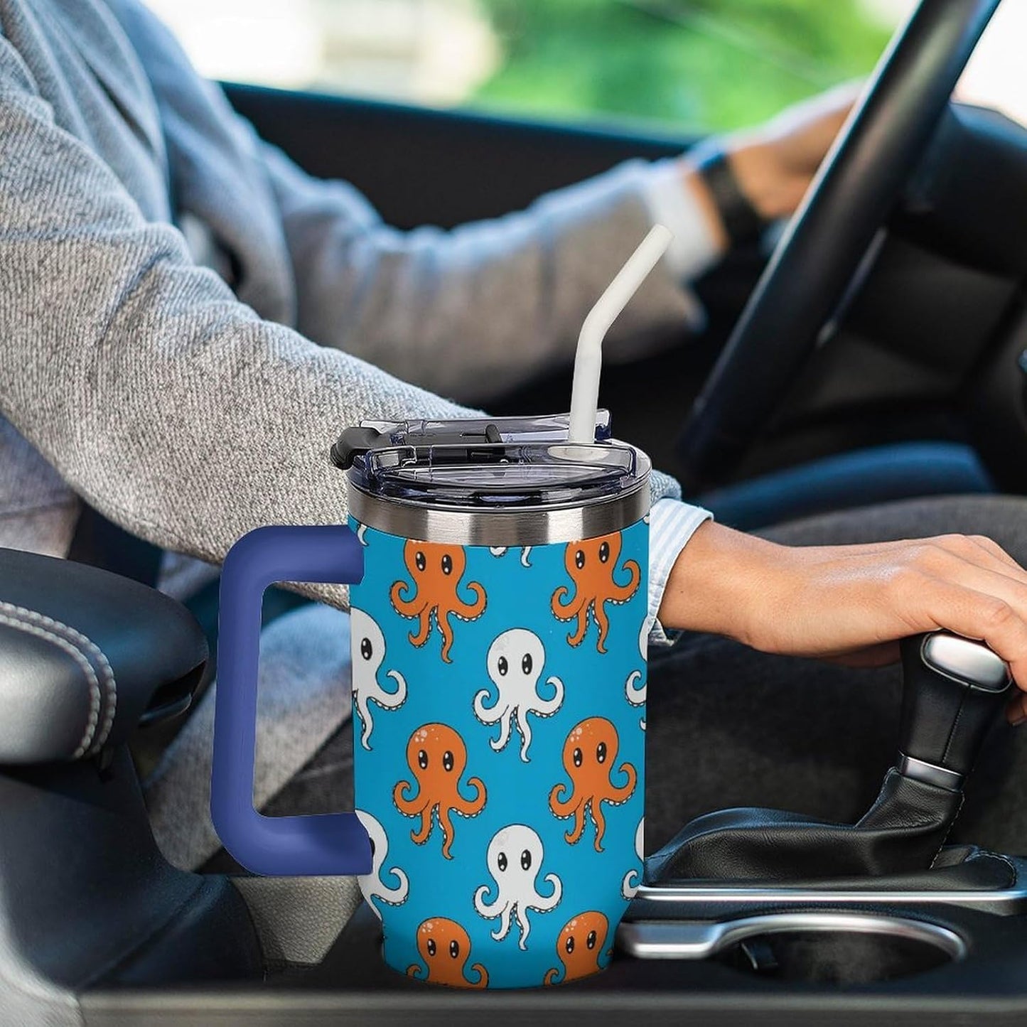 Leakproof Tumbler Vacuum Sealed Car Holder Friendly For Travel Simple Minimalist White Poppy Flower Pattern Coffee Mug Light Rose Red-style-27 - Colors H