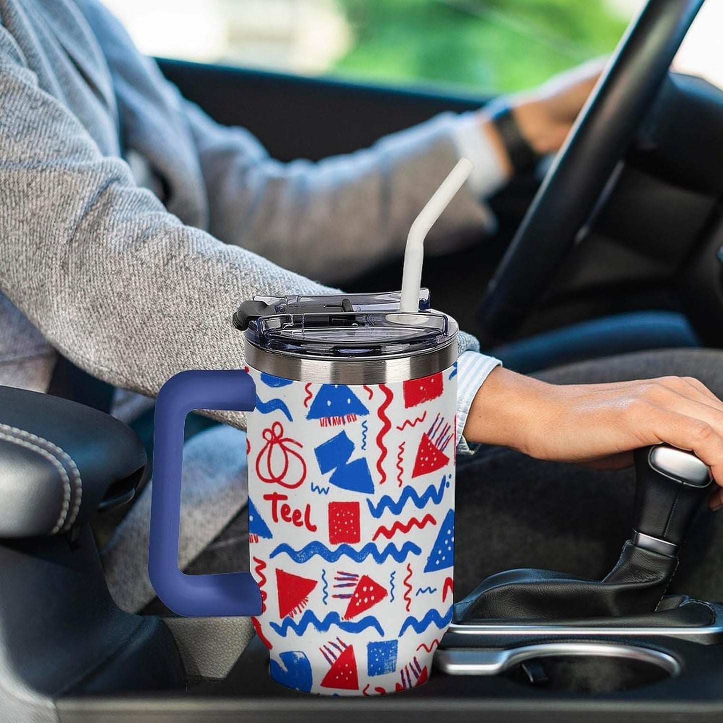 Leakproof Tumbler Vacuum Sealed Car Holder Friendly For Travel Simple Minimalist White Poppy Flower Pattern Coffee Mug Light Rose Red-style-27 - Colors H