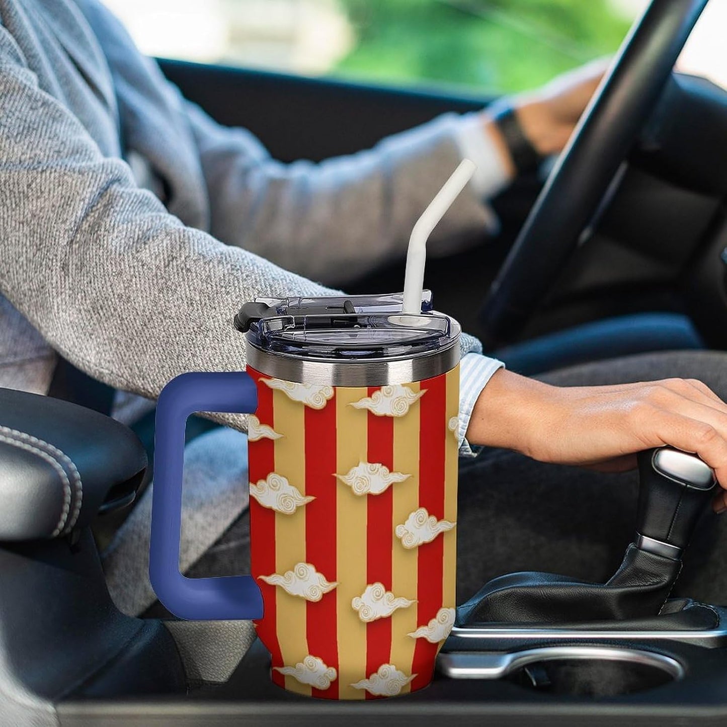 Leakproof Tumbler Vacuum Sealed Car Holder Friendly For Travel Simple Minimalist White Poppy Flower Pattern Coffee Mug Light Rose Red-style-27 - Colors H