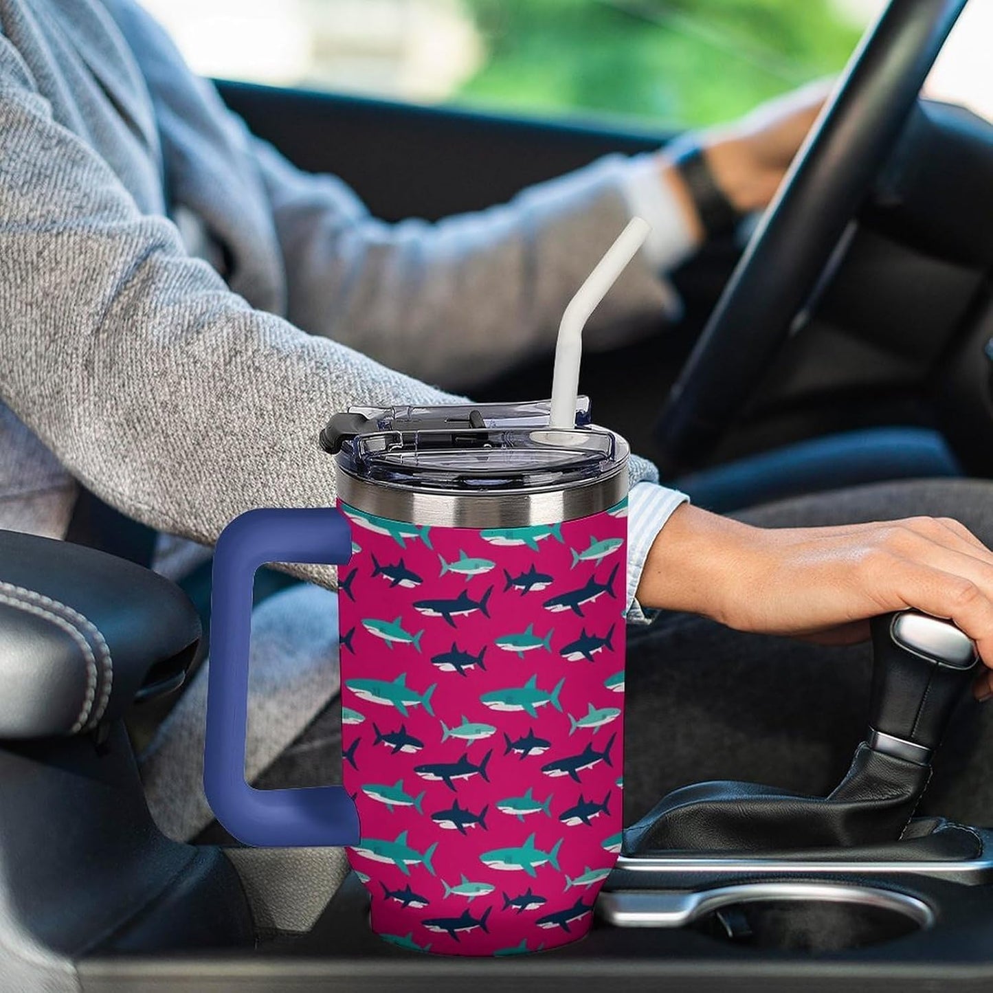 Leakproof Tumbler Vacuum Sealed Car Holder Friendly For Travel Simple Minimalist White Poppy Flower Pattern Coffee Mug Light Rose Red-style-27 - Colors H