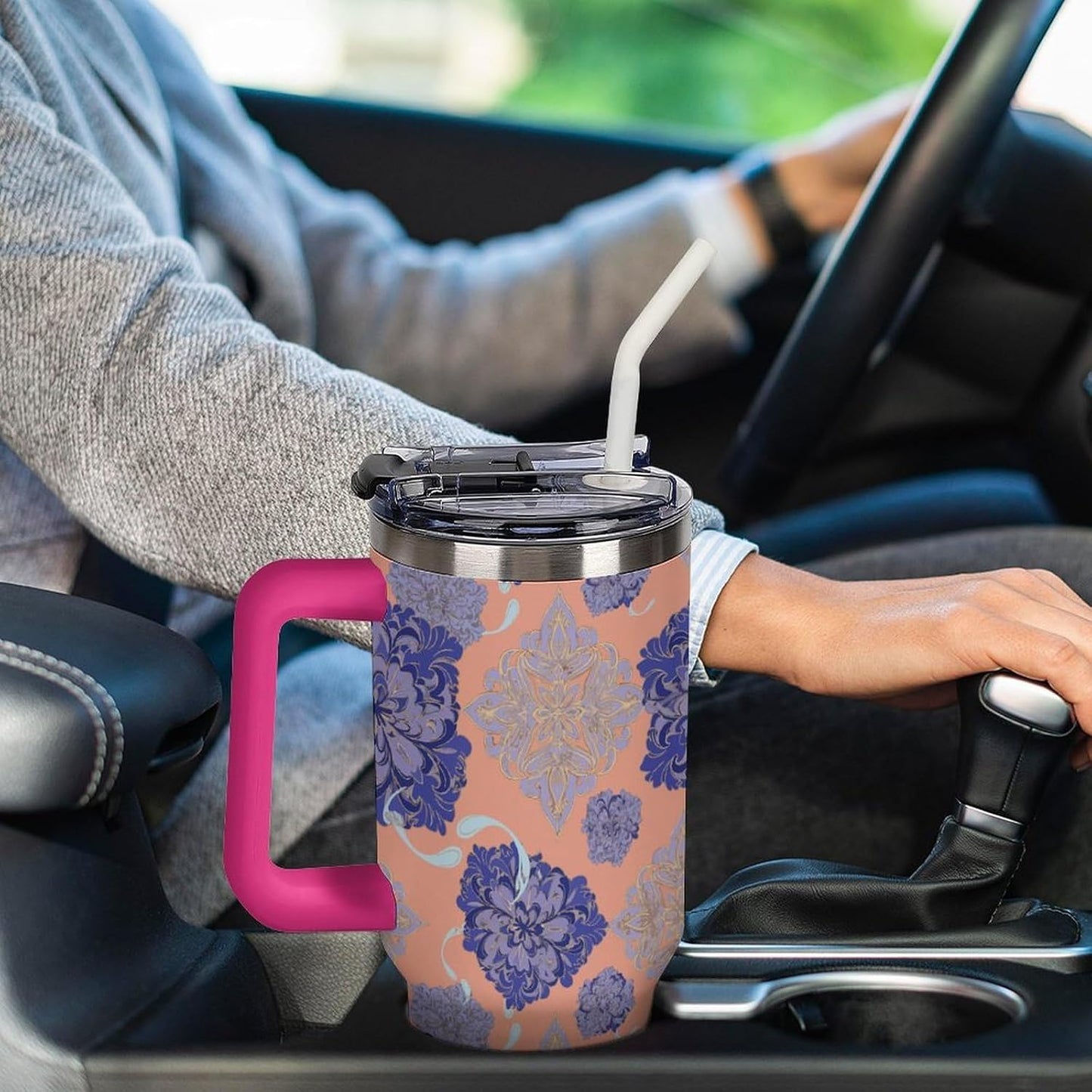 Leakproof Tumbler Vacuum Sealed Car Holder Friendly For Travel Simple Minimalist White Poppy Flower Pattern Coffee Mug Light Rose Red-style-27 - Colors H