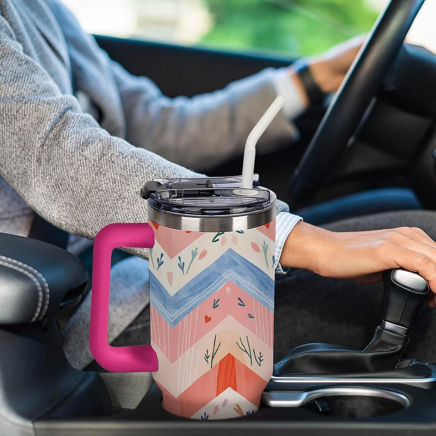 Leakproof Tumbler Vacuum Sealed Car Holder Friendly For Travel Simple Minimalist White Poppy Flower Pattern Coffee Mug Light Rose Red-style-27 - Colors H