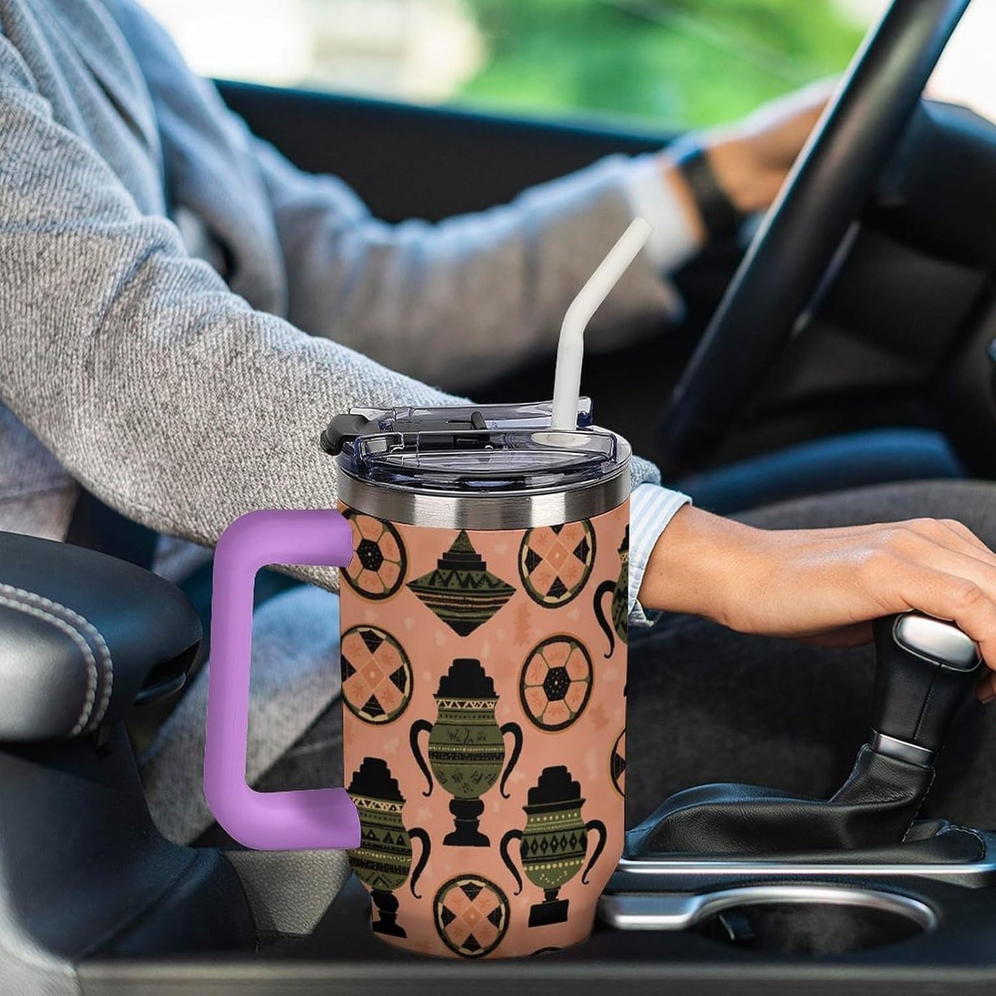Leakproof Tumbler Vacuum Sealed Car Holder Friendly For Travel Simple Minimalist White Poppy Flower Pattern Coffee Mug Light Rose Red-style-27 - Colors H