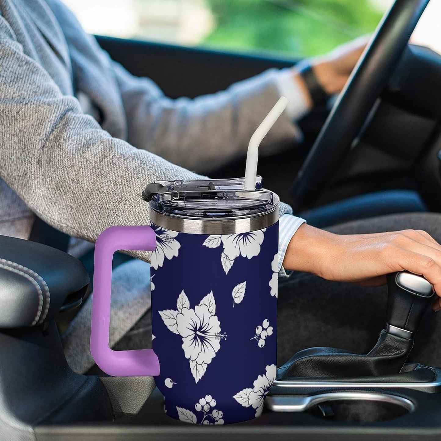 Leakproof Tumbler Vacuum Sealed Car Holder Friendly For Travel Simple Minimalist White Poppy Flower Pattern Coffee Mug Light Rose Red-style-27 - Colors H