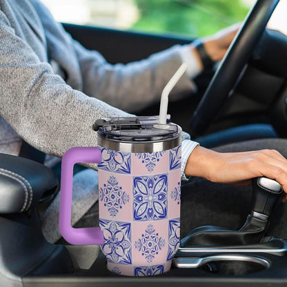 Leakproof Tumbler Vacuum Sealed Car Holder Friendly For Travel Simple Minimalist White Poppy Flower Pattern Coffee Mug Light Rose Red-style-27 - Colors H