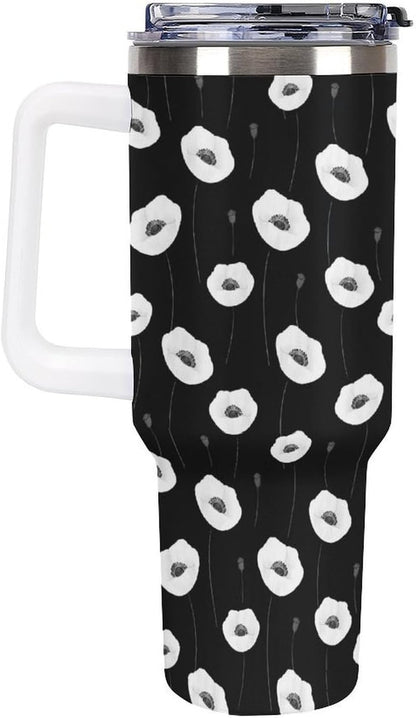 Leakproof Tumbler Vacuum Sealed Car Holder Friendly For Travel Simple Minimalist White Poppy Flower Pattern Coffee Mug Light Rose Red-style-27 - Colors H