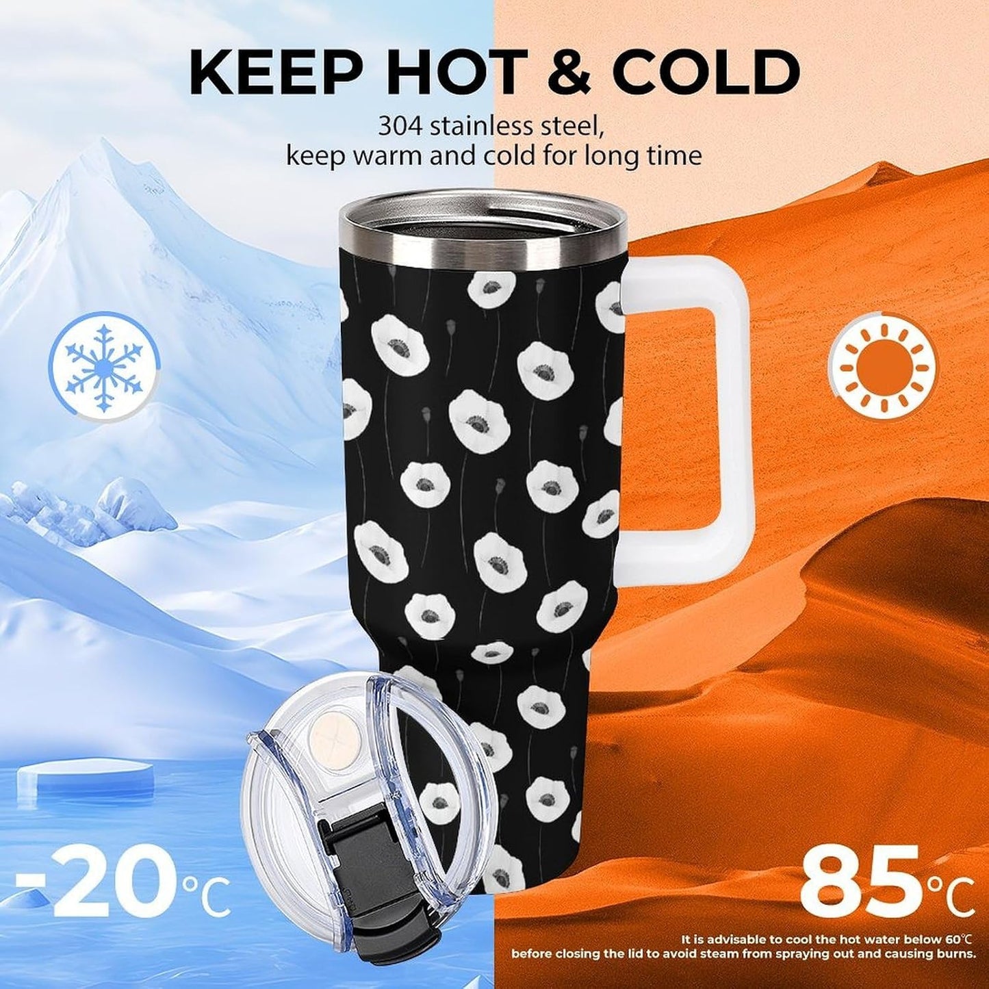 Leakproof Tumbler Vacuum Sealed Car Holder Friendly For Travel Simple Minimalist White Poppy Flower Pattern Coffee Mug Light Rose Red-style-27 - Colors H