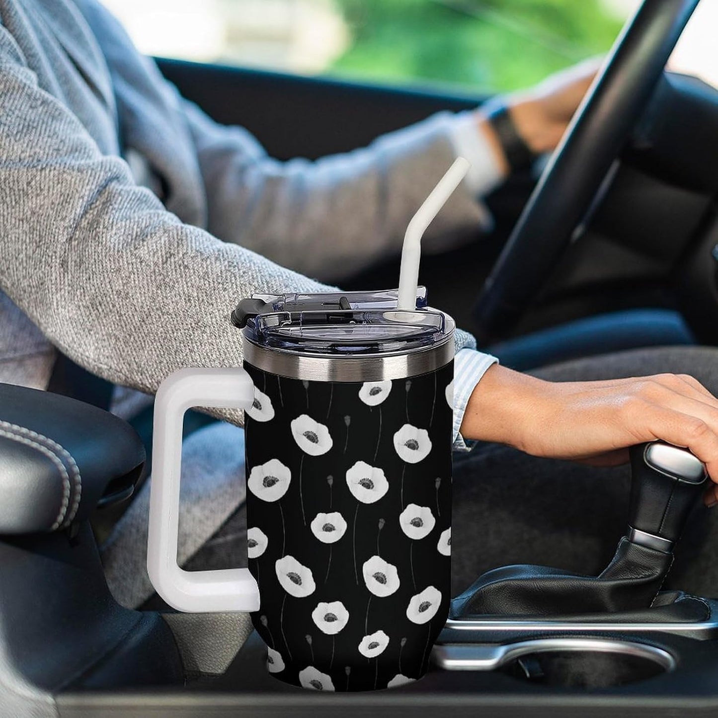 Leakproof Tumbler Vacuum Sealed Car Holder Friendly For Travel Simple Minimalist White Poppy Flower Pattern Coffee Mug Light Rose Red-style-27 - Colors H