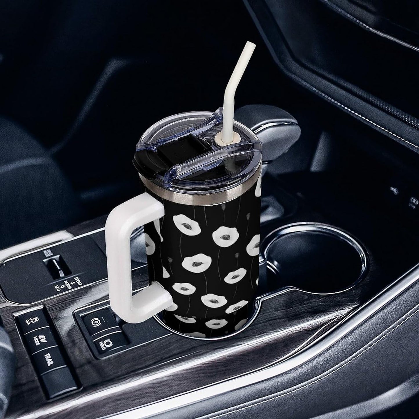 Leakproof Tumbler Vacuum Sealed Car Holder Friendly For Travel Simple Minimalist White Poppy Flower Pattern Coffee Mug Light Rose Red-style-27 - Colors H