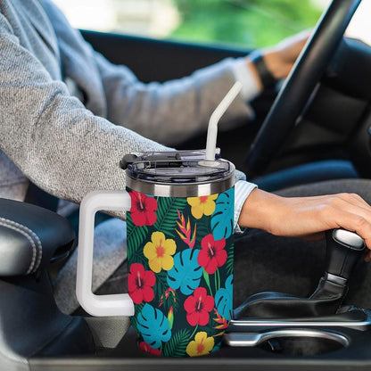 Leakproof Tumbler Vacuum Sealed Car Holder Friendly For Travel Simple Minimalist White Poppy Flower Pattern Coffee Mug Light Rose Red-style-27 - Colors H