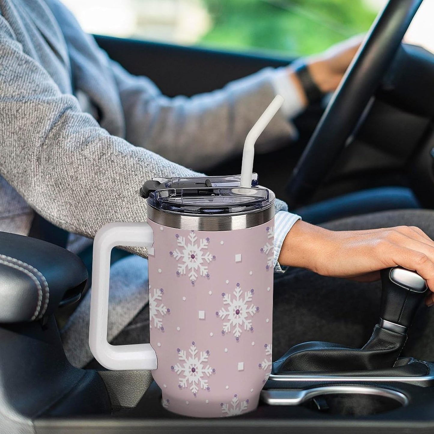 Leakproof Tumbler Vacuum Sealed Car Holder Friendly For Travel Simple Minimalist White Poppy Flower Pattern Coffee Mug Light Rose Red-style-27 - Colors H