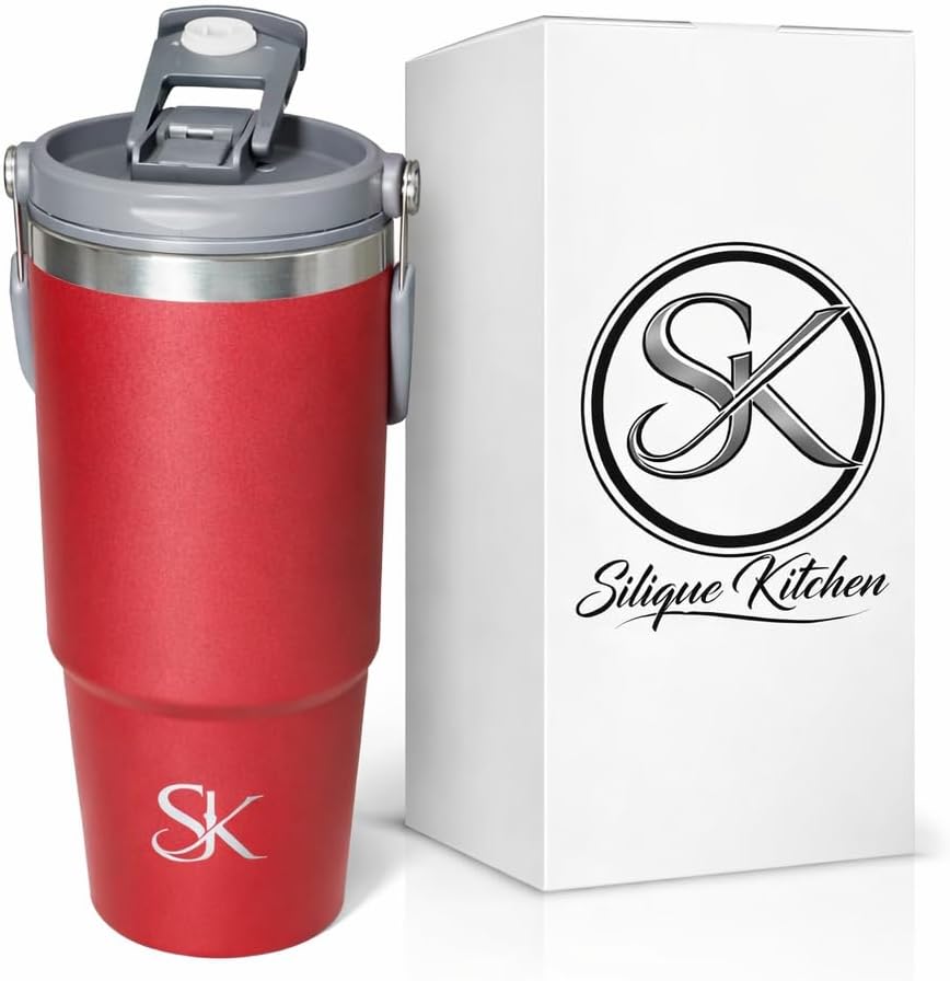 30oz Stainless Steel Vacuum Insulated Tumbler with 3-Way Lid & Foldable Handle – Double Wall Travel Mug, Leak Resistant, Keeps Drinks Hot & Cold for Hours (Pink)