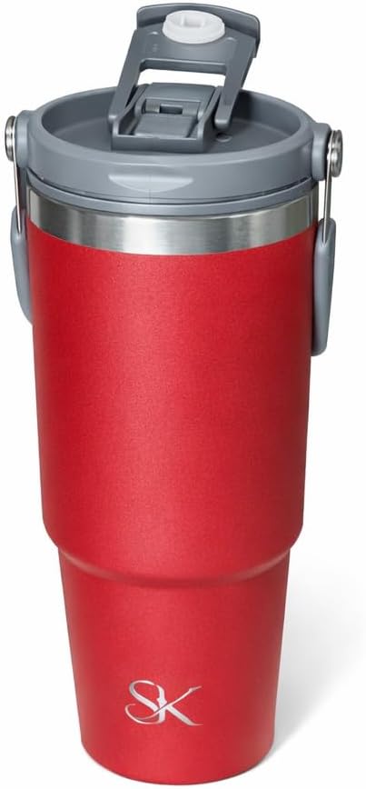30oz Stainless Steel Vacuum Insulated Tumbler with 3-Way Lid & Foldable Handle – Double Wall Travel Mug, Leak Resistant, Keeps Drinks Hot & Cold for Hours (Pink)