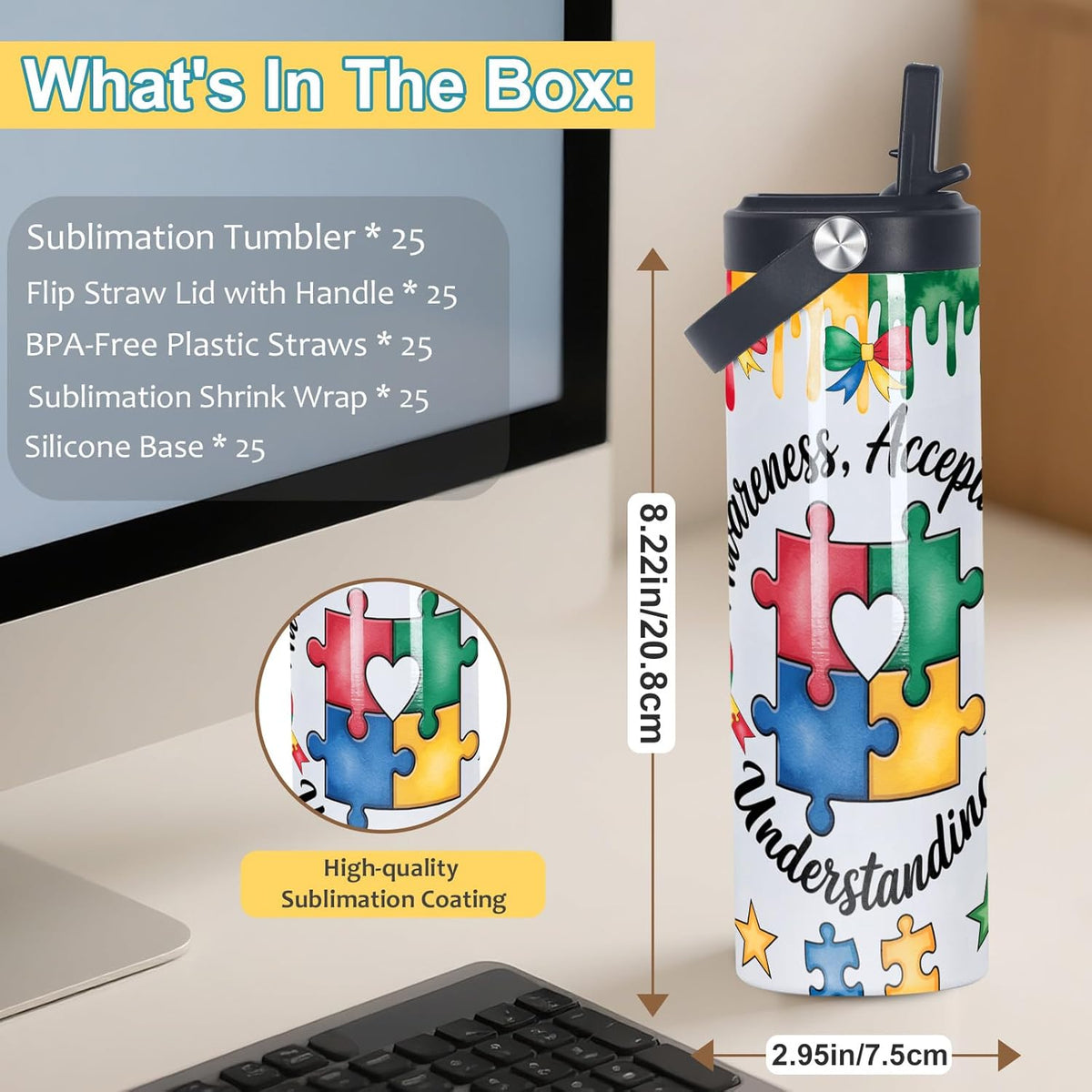 20 Oz Sublimation Tumblers Bulk Skinny Straight, 25 Pack Sublimation Sport Water Bottles Blanks with Portable Handle, Double Wall Stainless Steel Tumbler Cup for Heat Transfer, Individual Box