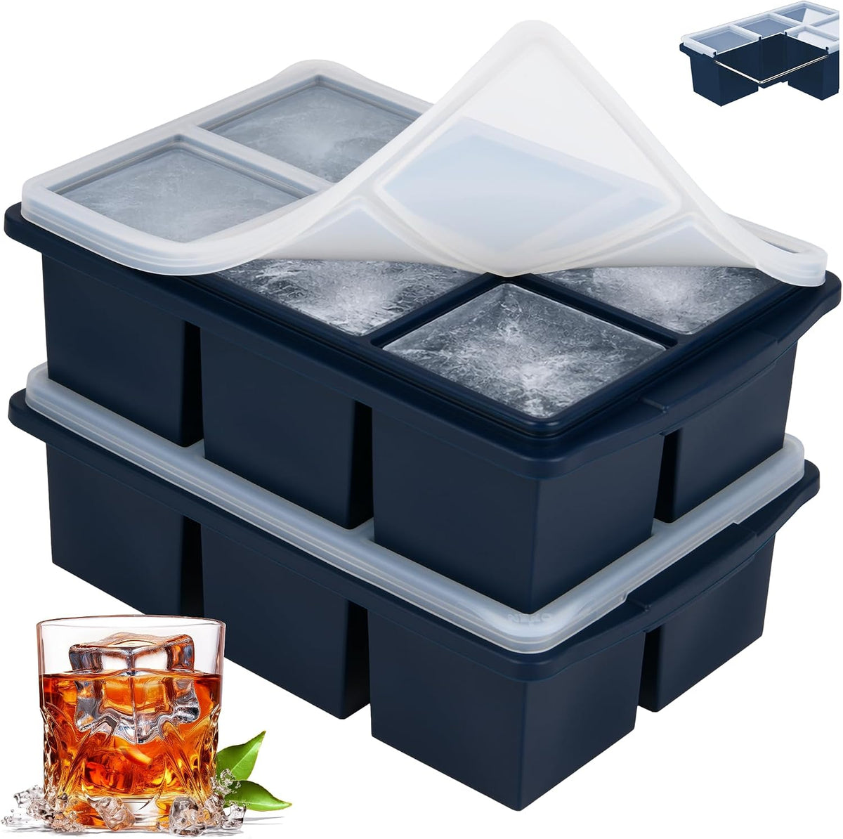 Large Ice Cube Trays for Whiskey, Silicone Ice Cube Tray, with Reinforced Steel Ring Top, Makes 12 perfect 2-in ice cubes, Square Ice Tray for Cocktails, Whiskey, Coffee. (2 Pack)