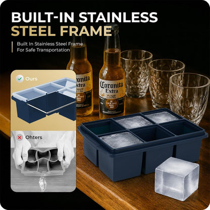 Large Ice Cube Trays for Whiskey, Silicone Ice Cube Tray, with Reinforced Steel Ring Top, Makes 12 perfect 2-in ice cubes, Square Ice Tray for Cocktails, Whiskey, Coffee. (2 Pack)