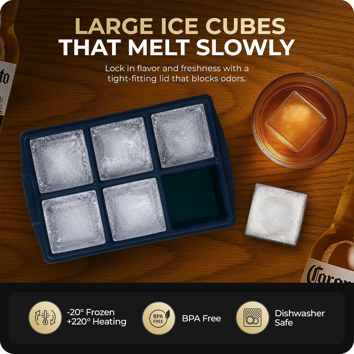 Large Ice Cube Trays for Whiskey, Silicone Ice Cube Tray, with Reinforced Steel Ring Top, Makes 12 perfect 2-in ice cubes, Square Ice Tray for Cocktails, Whiskey, Coffee. (2 Pack)