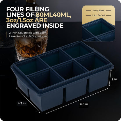 Large Ice Cube Trays for Whiskey, Silicone Ice Cube Tray, with Reinforced Steel Ring Top, Makes 12 perfect 2-in ice cubes, Square Ice Tray for Cocktails, Whiskey, Coffee. (2 Pack)