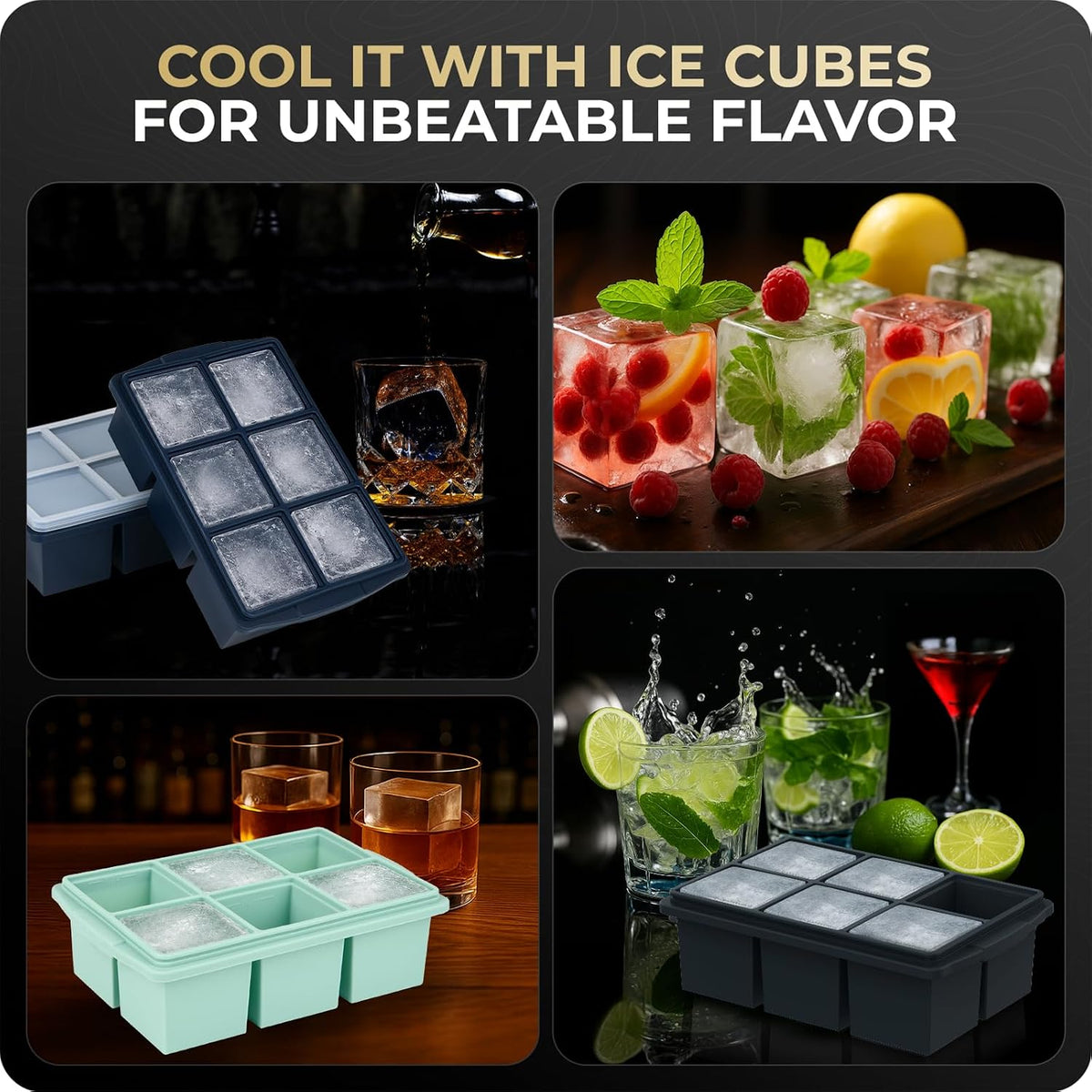 Large Ice Cube Trays for Whiskey, Silicone Ice Cube Tray, with Reinforced Steel Ring Top, Makes 12 perfect 2-in ice cubes, Square Ice Tray for Cocktails, Whiskey, Coffee. (2 Pack)