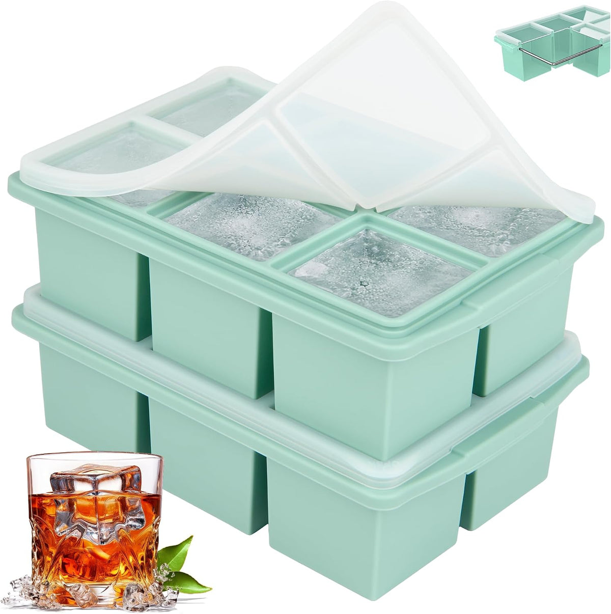 Large Ice Cube Trays for Whiskey, Silicone Ice Cube Tray, with Reinforced Steel Ring Top, Makes 12 perfect 2-in ice cubes, Square Ice Tray for Cocktails, Whiskey, Coffee. (2 Pack)