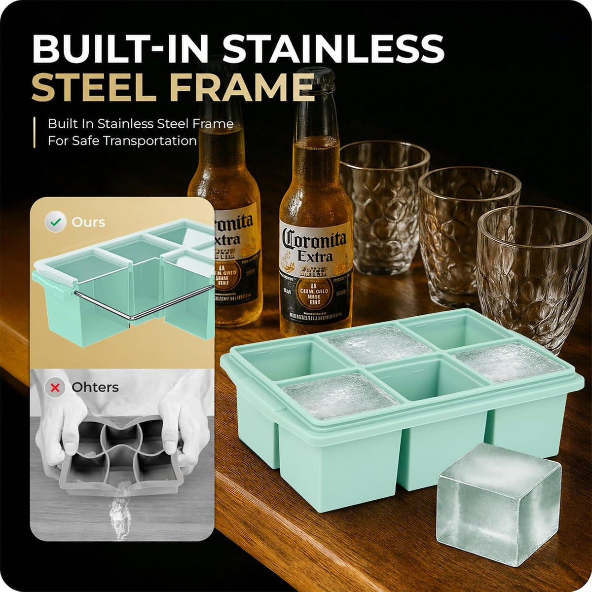 Large Ice Cube Trays for Whiskey, Silicone Ice Cube Tray, with Reinforced Steel Ring Top, Makes 12 perfect 2-in ice cubes, Square Ice Tray for Cocktails, Whiskey, Coffee. (2 Pack)