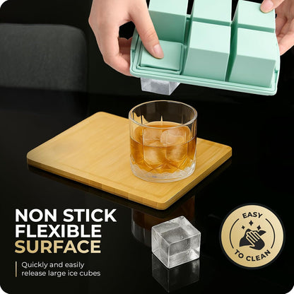 Large Ice Cube Trays for Whiskey, Silicone Ice Cube Tray, with Reinforced Steel Ring Top, Makes 12 perfect 2-in ice cubes, Square Ice Tray for Cocktails, Whiskey, Coffee. (2 Pack)