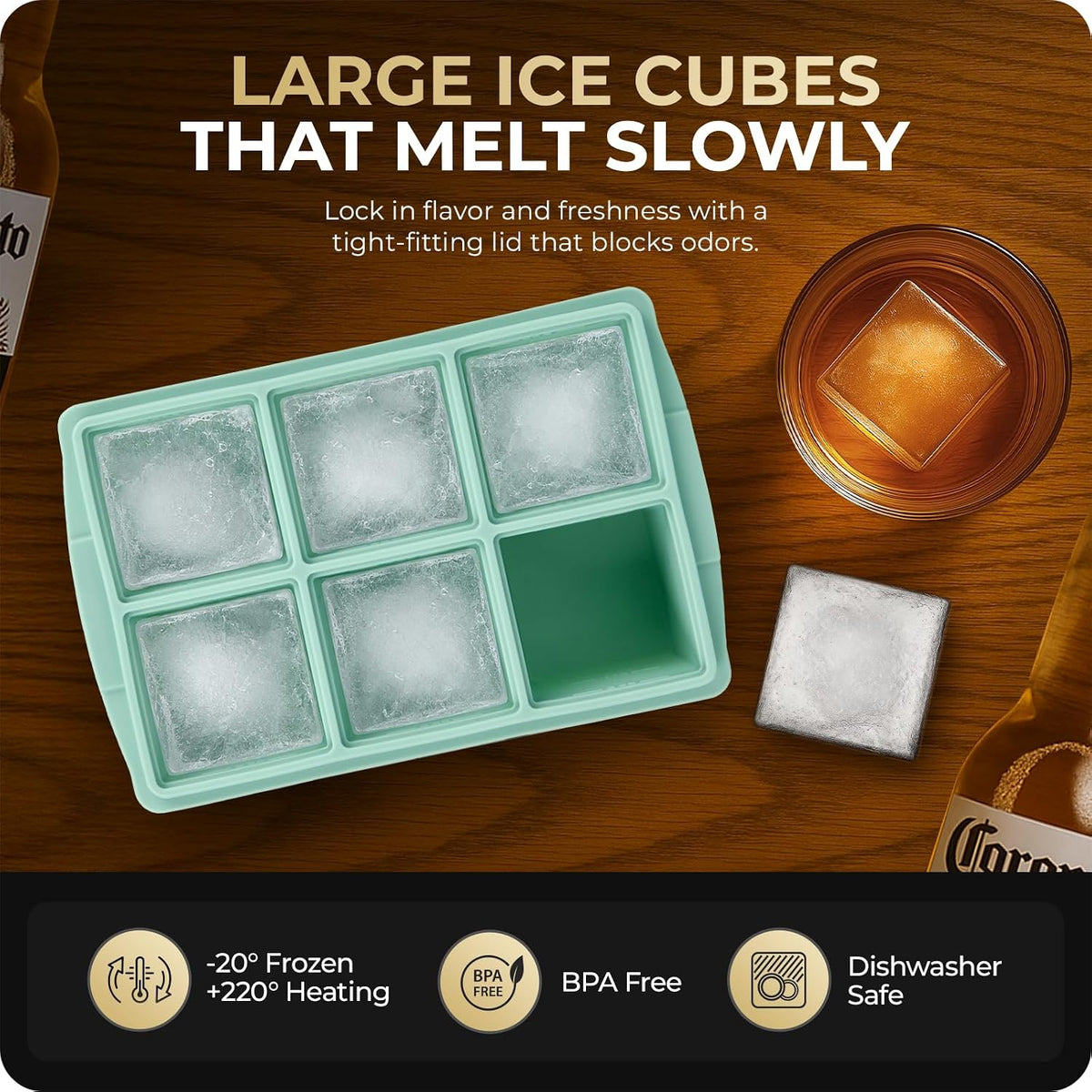 Large Ice Cube Trays for Whiskey, Silicone Ice Cube Tray, with Reinforced Steel Ring Top, Makes 12 perfect 2-in ice cubes, Square Ice Tray for Cocktails, Whiskey, Coffee. (2 Pack)