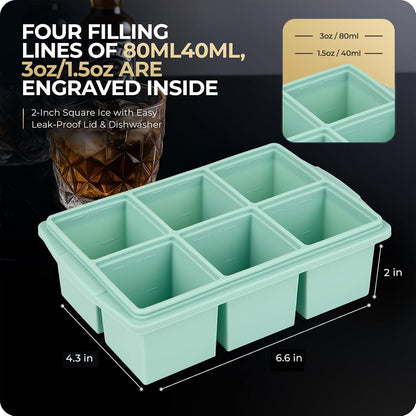 Large Ice Cube Trays for Whiskey, Silicone Ice Cube Tray, with Reinforced Steel Ring Top, Makes 12 perfect 2-in ice cubes, Square Ice Tray for Cocktails, Whiskey, Coffee. (2 Pack)