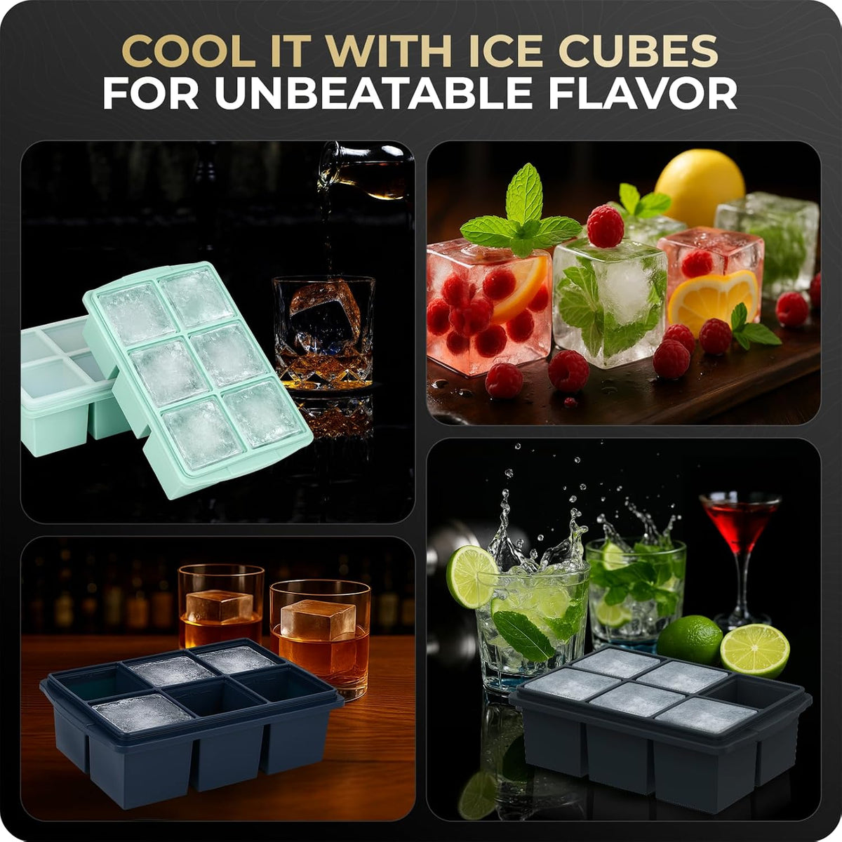 Large Ice Cube Trays for Whiskey, Silicone Ice Cube Tray, with Reinforced Steel Ring Top, Makes 12 perfect 2-in ice cubes, Square Ice Tray for Cocktails, Whiskey, Coffee. (2 Pack)