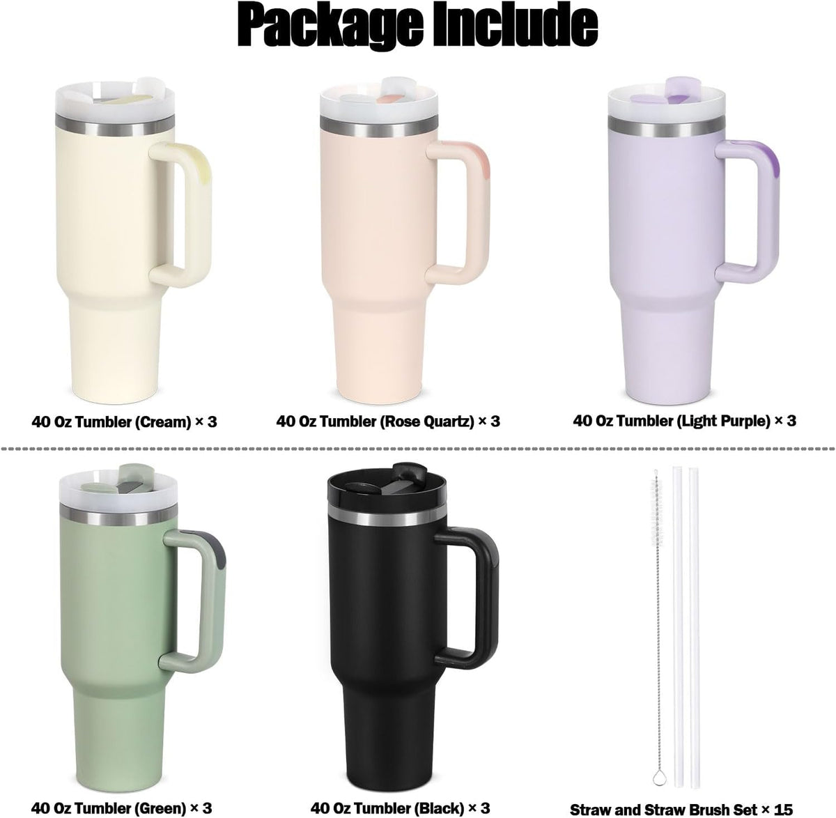 15 Pack 40 Oz Tumbler with Handle and Straw Bulk, 40 Oz Tumbler Stainless Steel Vacuum Insulation Keep Hot and Cold, 40 Oz Travel Coffee Mug with Silicone Spill Proof Stopper Set, Individually Boxed