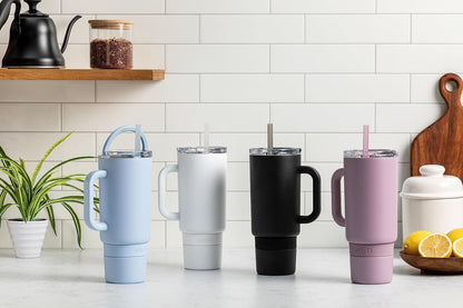 Port 40oz Tumbler with Carry Loop & Integrated Handle, Vacuum Insulated Stainless Steel Reusable Water Bottle, Travel Mug with Leak Proof Lid & Straw, Perfect for Iced Coffee & Tea, White