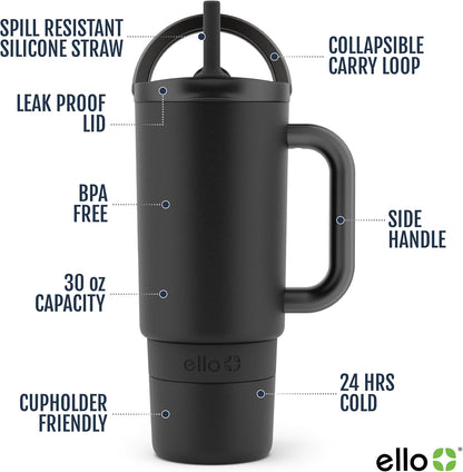 Port 40oz Tumbler with Carry Loop & Integrated Handle, Vacuum Insulated Stainless Steel Reusable Water Bottle, Travel Mug with Leak Proof Lid & Straw, Perfect for Iced Coffee & Tea, White