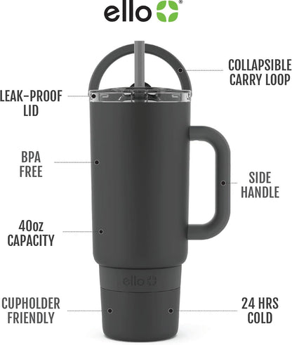 Port 40oz Tumbler with Carry Loop & Integrated Handle, Vacuum Insulated Stainless Steel Reusable Water Bottle, Travel Mug with Leak Proof Lid & Straw, Perfect for Iced Coffee & Tea, White