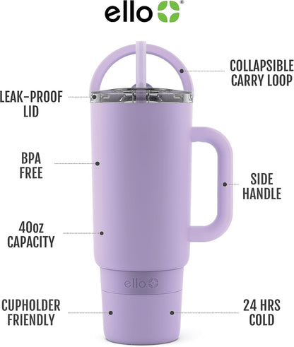 Port 40oz Tumbler with Carry Loop & Integrated Handle, Vacuum Insulated Stainless Steel Reusable Water Bottle, Travel Mug with Leak Proof Lid & Straw, Perfect for Iced Coffee & Tea, White