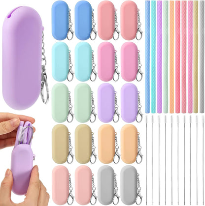 20 Set Reusable Travel Silicone Straws with Case and Brush, Pastel