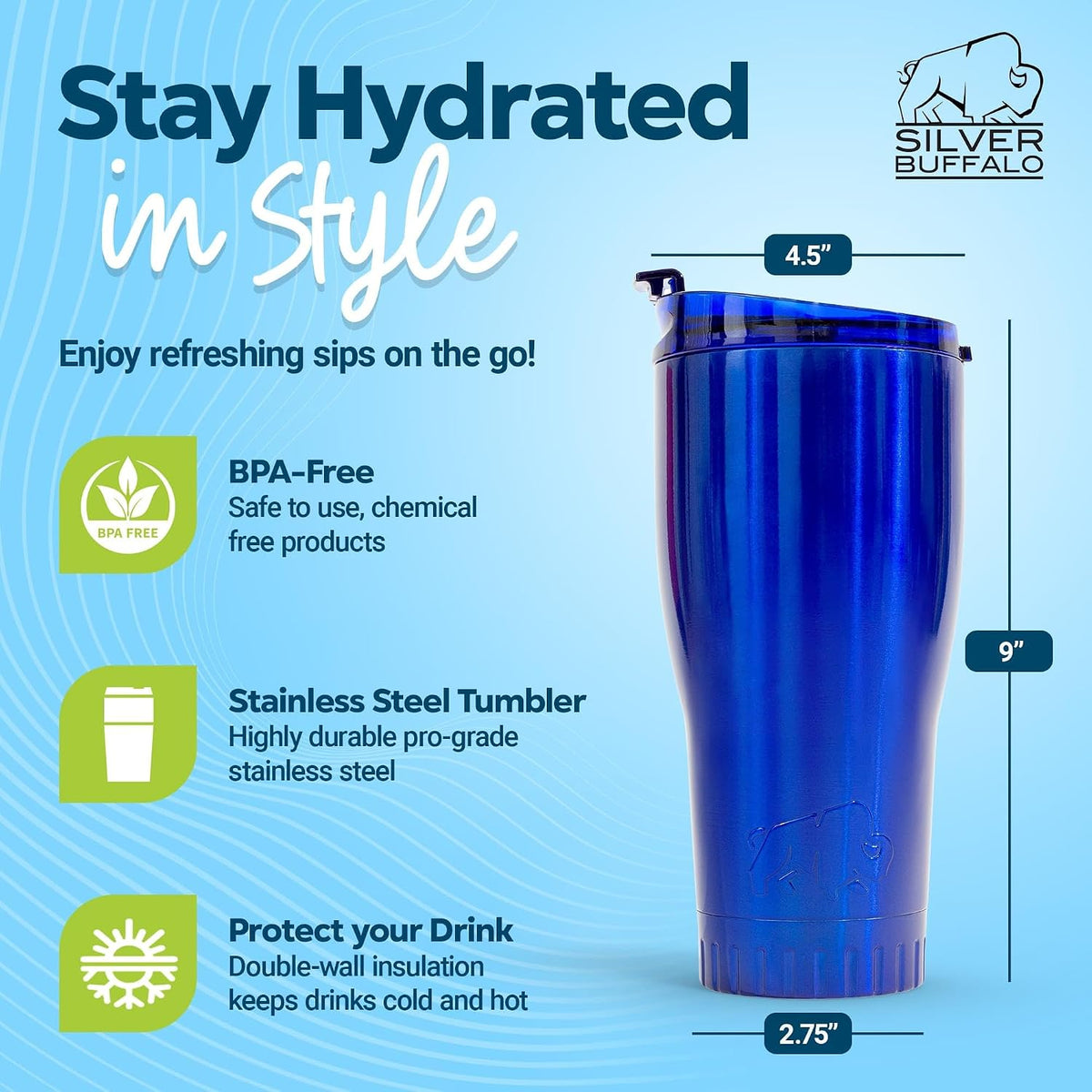 Royal Blue Flip Top, Vacuum Insulated Water Bottle, 30oz | Double Walled, Stainless Steel, Tumbler, Leakproof Lid, Keeps Hot and Cold, Travel Coffee Mug, Cup, 0.89 Liters