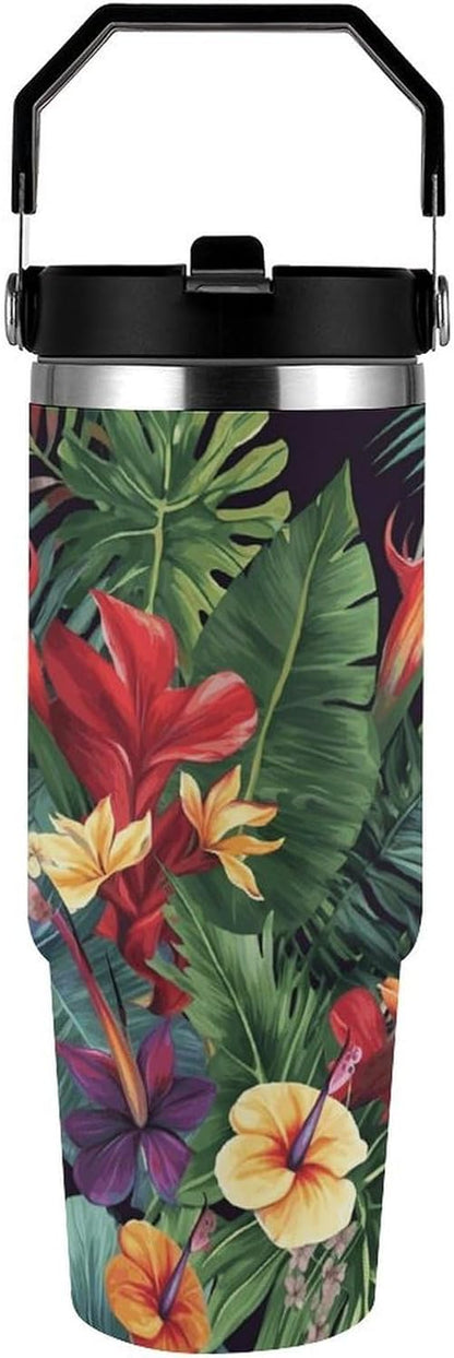 Tropical Plant Flowers Printing Water Bottle with Flip Straw And Handle 30 Oz | Stainless Steel Insulated Tumbler with Lid, Leak Proof for Sports, Outdoor, Workout, Commute