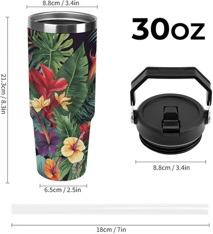 Tropical Plant Flowers Printing Water Bottle with Flip Straw And Handle 30 Oz | Stainless Steel Insulated Tumbler with Lid, Leak Proof for Sports, Outdoor, Workout, Commute